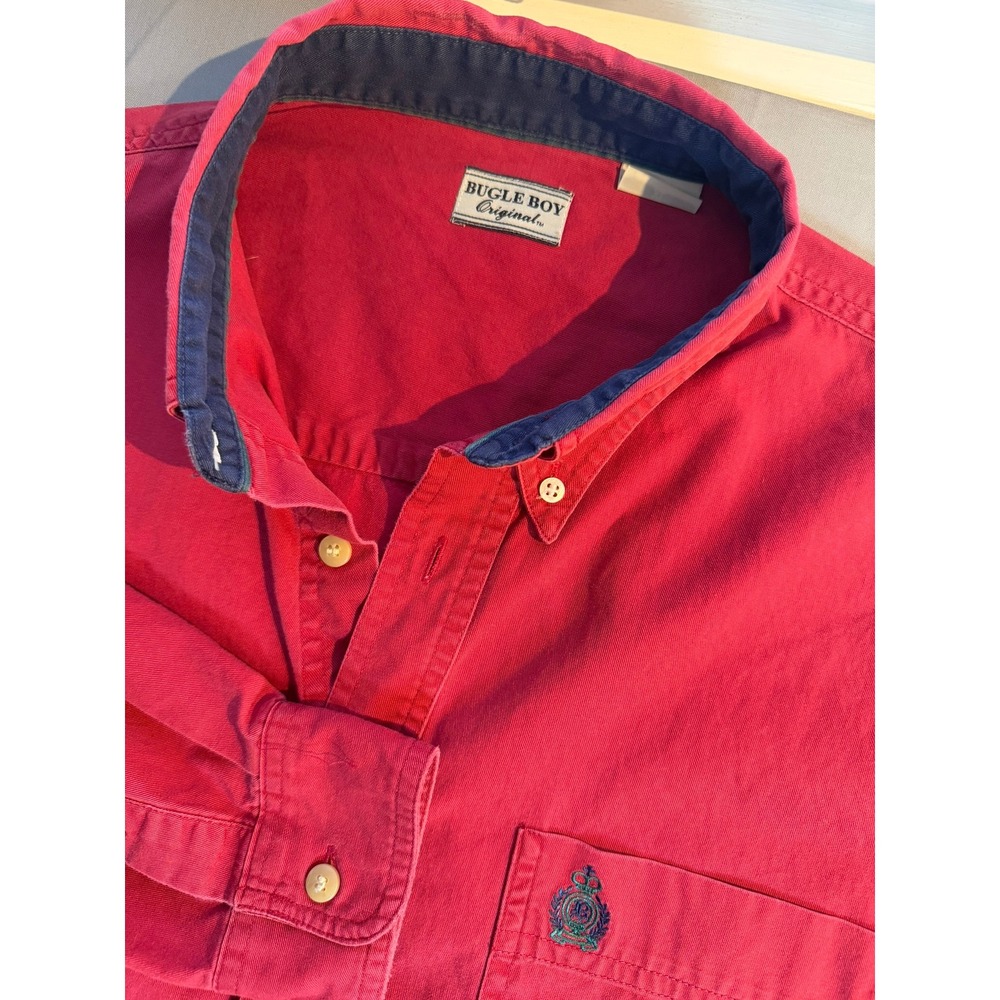 Vintage 90's Bugle Boy Original Red Cotton Button Down Shirt Mens XL Crest Logo